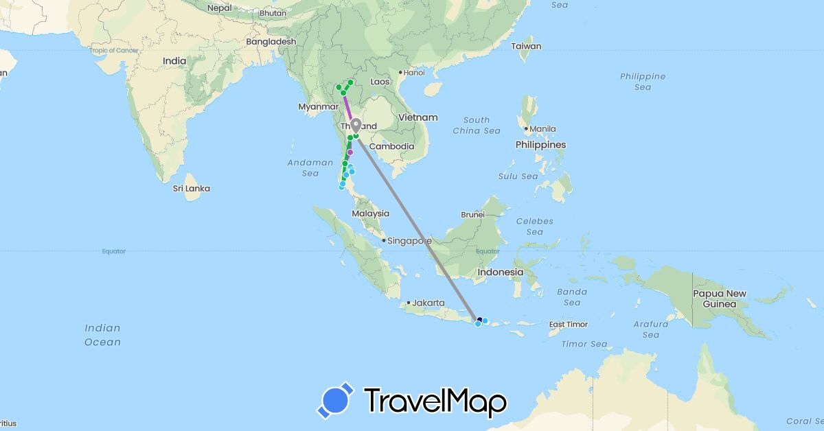 TravelMap itinerary: driving, bus, plane, train, boat in Indonesia, Thailand (Asia)