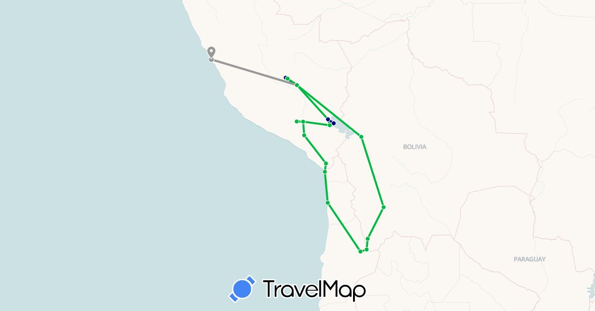 TravelMap itinerary: driving, bus, plane, hiking in Bolivia, Chile, Peru (South America)